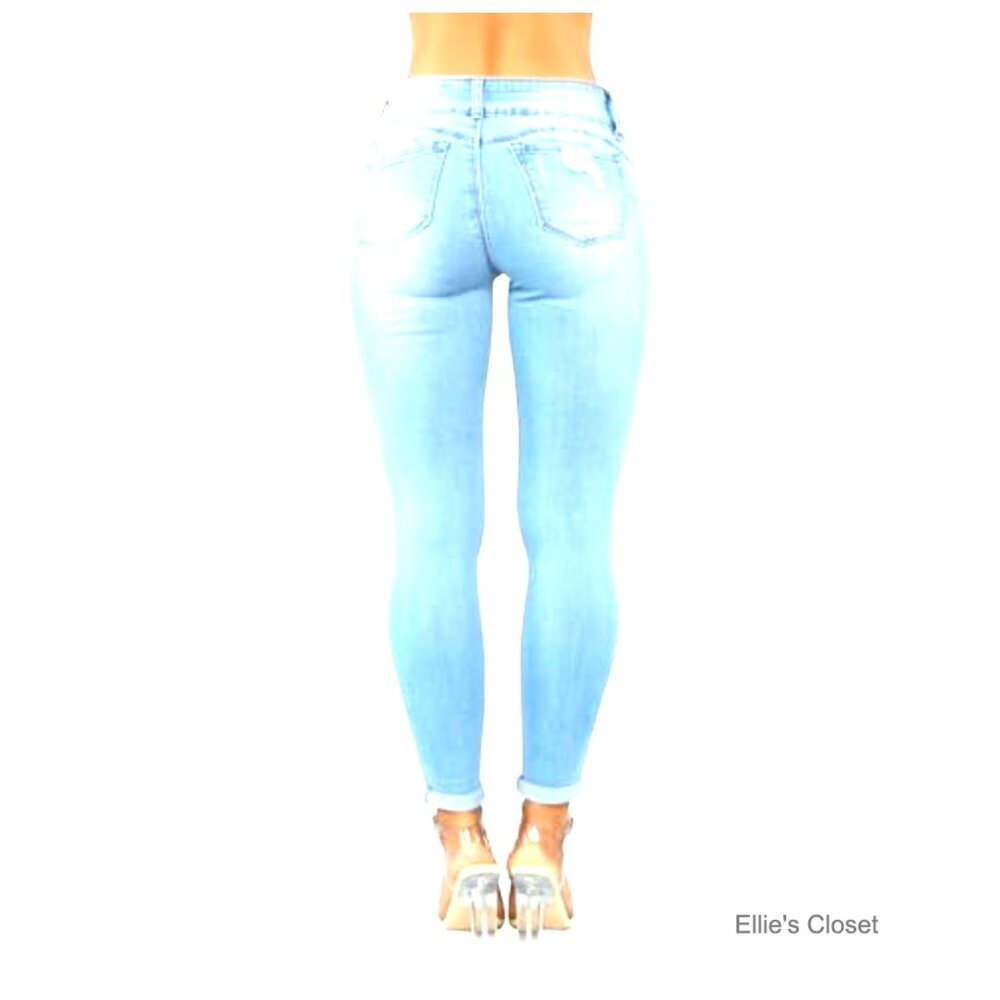 Skinny Ripped Distressed Jeans Stretchy Denim Pants Mid Waisted - Picture 4 of 6